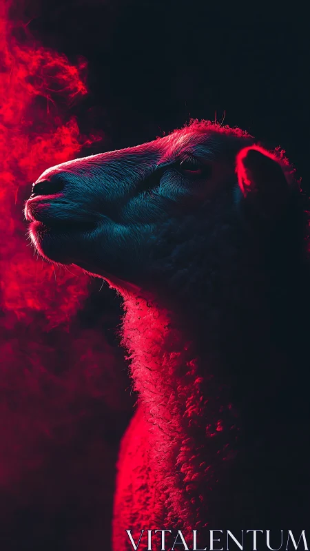Gentle sheep in dreamy neon glow and soft red mist.