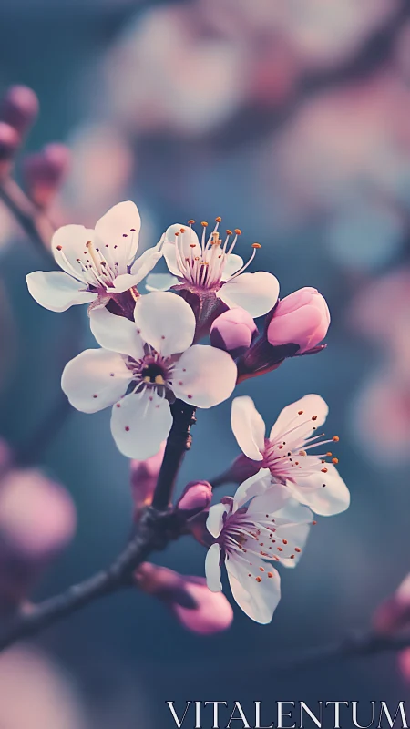 Delicate cherry blossoms in soft focus against blue background