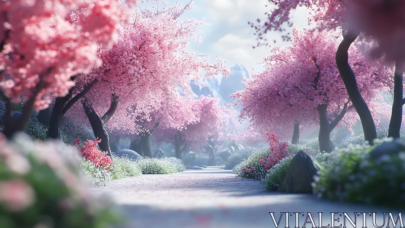 Cherry blossom tree avenue in soft diffuse daylight scene.