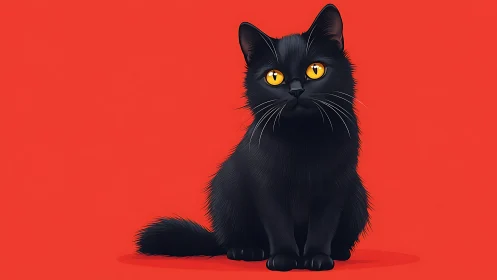 Black cat with golden eyes against red background displays controlled digital rendering