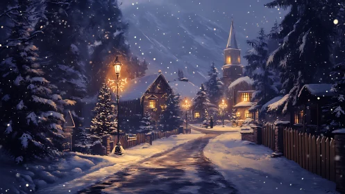 Snow-covered village street with church tower at night.