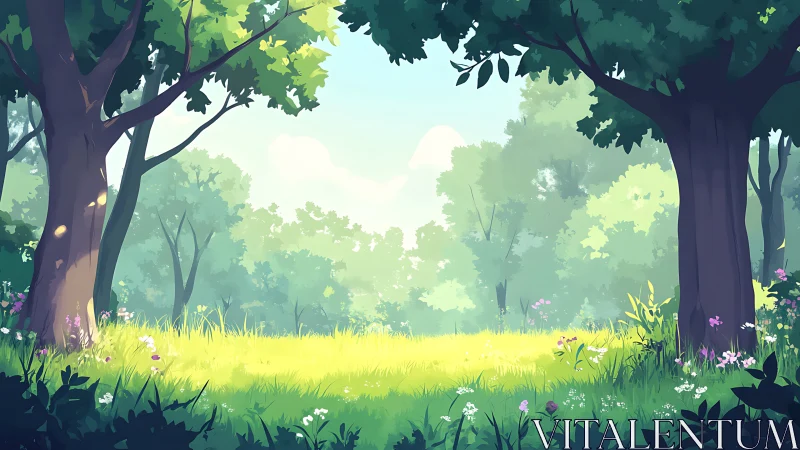 Sunlit Forest Clearing with Verdant Canopy.