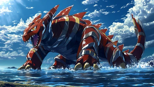 Sea-splitting titan strides through sunlight and storm-tossed waves