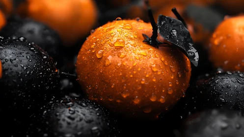 Water droplets cover orange citrus among dark fruit units