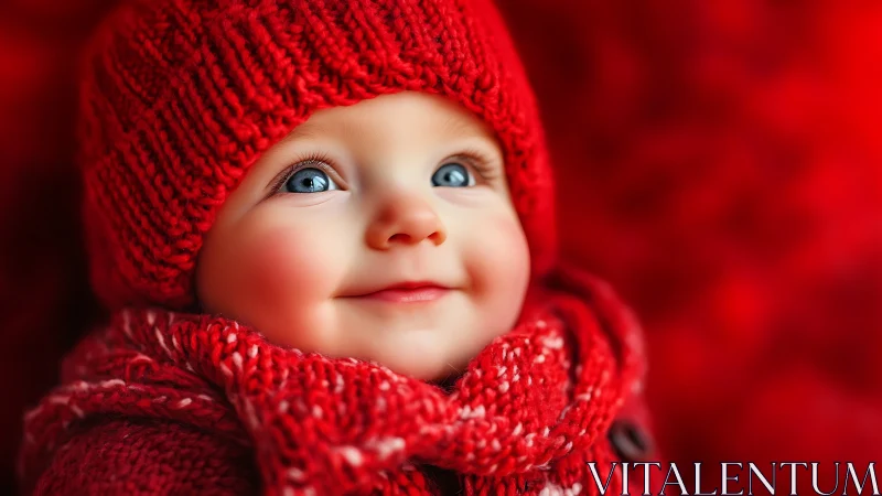 Infant in Crimson Knitwear Against Monochromatic Red Background.