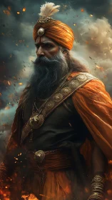 Warrior saint in orange robes stands amid storm and embers
