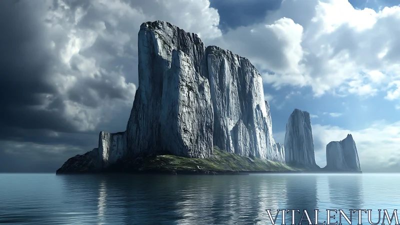 Towering columnar rock formations rising from calm turquoise ocean