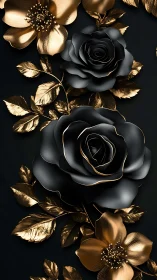 Black and gold roses with ornamental leaves on dark background