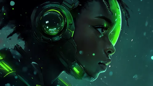 Profile view of cybernetic individual with green visor.