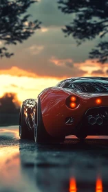 Sunset street supercar glowing softly on wet pavement.