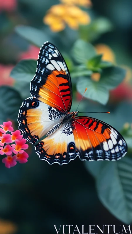 Orange black white butterfly resting on pink garden flowers.