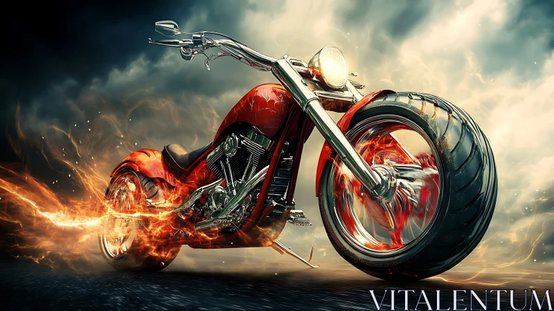 Flaming custom chopper motorcycle surges through storm clouds.