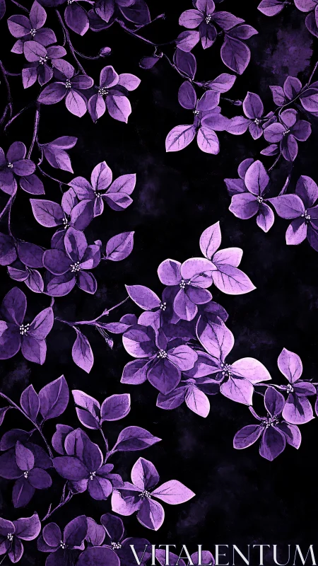 Midnight purple blossoms drift gently across the dark sky