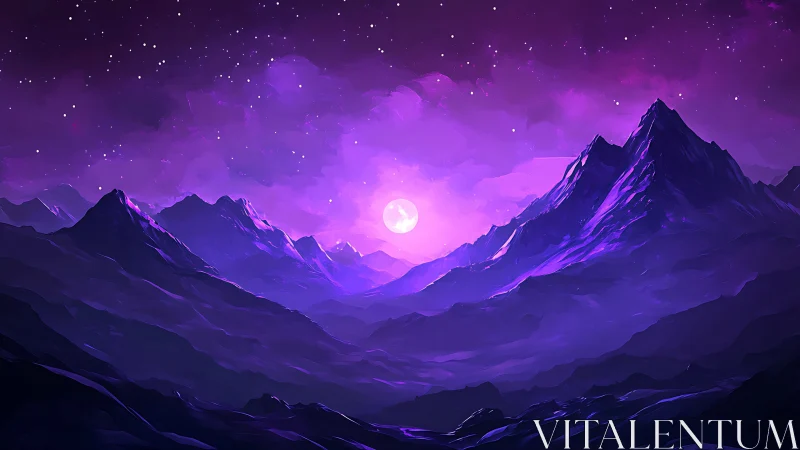 Digital landscape depicts layered mountains under violet sky