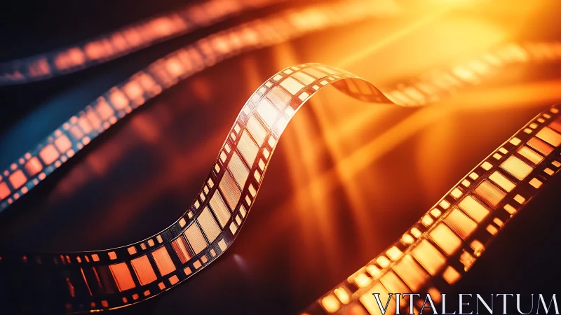 Glowing film strip curls through warm cinematic light