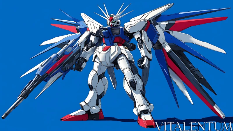 Starlit mecha hero standing bold against clear blue sky.