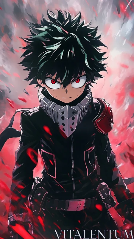 Intense green-haired hero stands amid swirling red energy