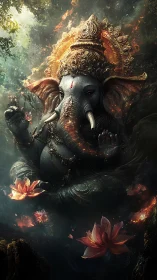 Divine elephant deity rises through drifting lotus fire.
