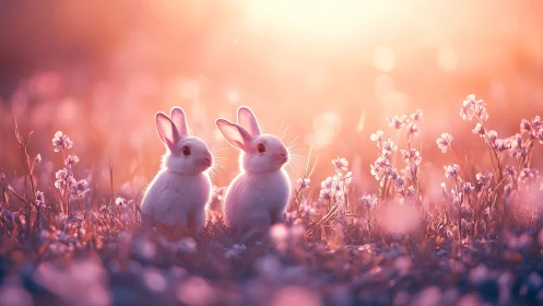 Backlit twin rabbits in shallow-depth floral bokeh field.