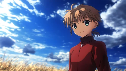 Anime teen under vivid blue sky in golden field.