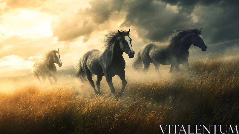 Three horses run through misty golden field at sunset