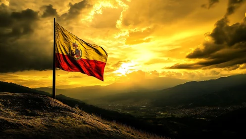 Golden sunset sky welcomes a proud flag on the hillside
