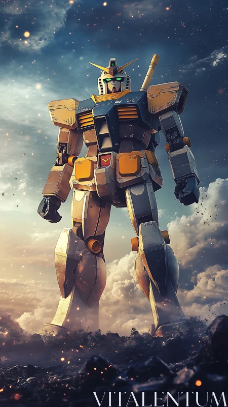 Large humanoid mecha standing in cloudy atmospheric scene.