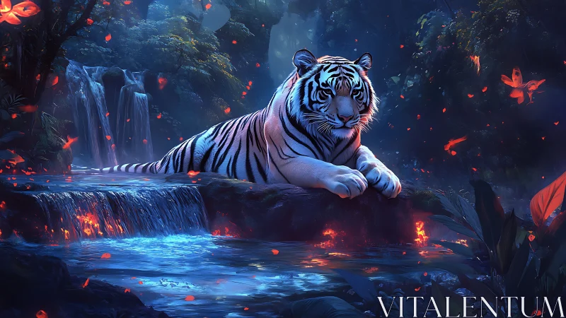 Bioluminescent forest pool frames resting white tiger in cool bloom