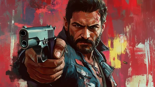 Gritty hero stares you down in a bold red action portrait.