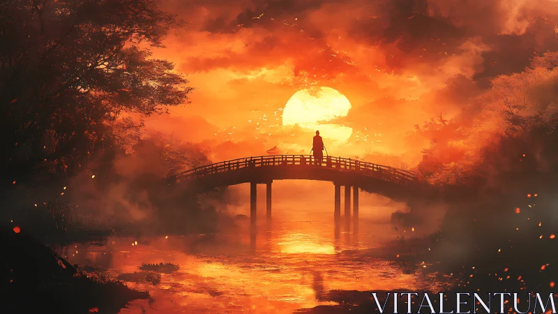 Lone wanderer crosses emberlit bridge beneath blazing sun.