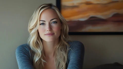 Gentle smile by warm abstract art in soft evening light.