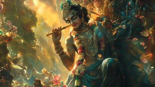 Digital painting of divine flute player in luminous forest tableau.