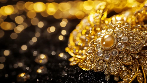 Gold filigree brooch with pearl center on dark bokeh background.