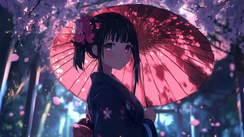 Anime girl holds pink umbrella under glowing cherry blossoms