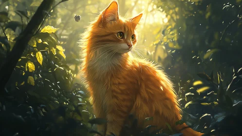 Glowing Ginger Cat in a Sunlit Forest Garden