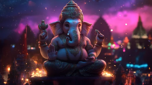 Elephant-headed deity statue sits amid illuminated cityscape