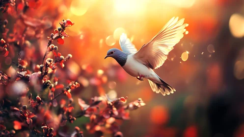 Sunlit dove glides through glowing spring blossom haze.