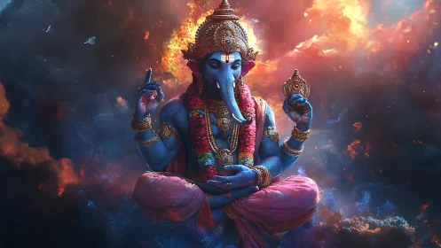 Divine blue deity meditates within blazing cosmic clouds.