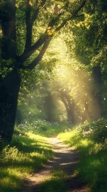 Golden Forest Path: Sunlight Through Ancient Trees.