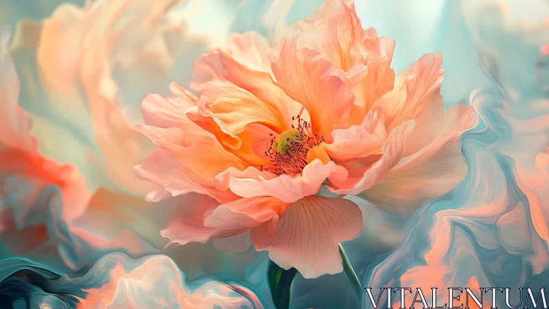 Soft coral blossom opens gently in a dreamy pastel glow