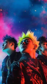 Three stylized youths posed under neon clouds and sparks