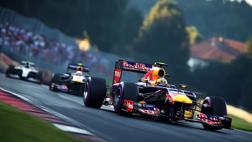 Formula racing car leads competitors through fast circuit corner