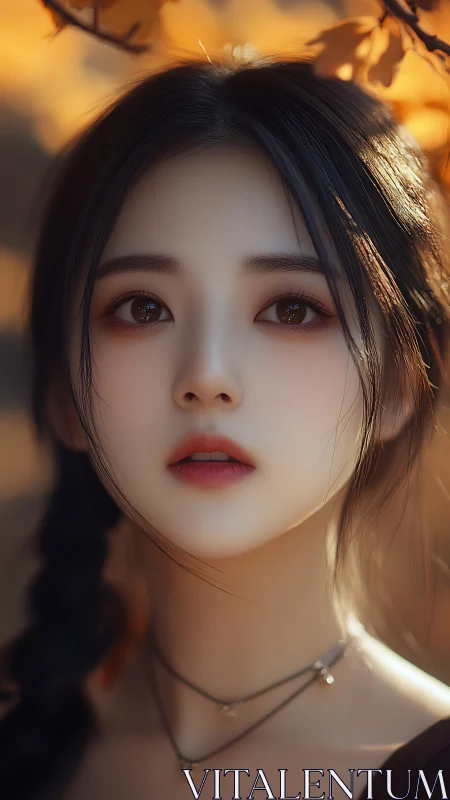 Digital portrait girl under autumn light with soft focus.