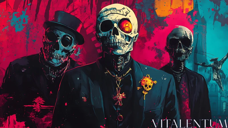 Neon skull gentlemen stroll through a painterly midnight.