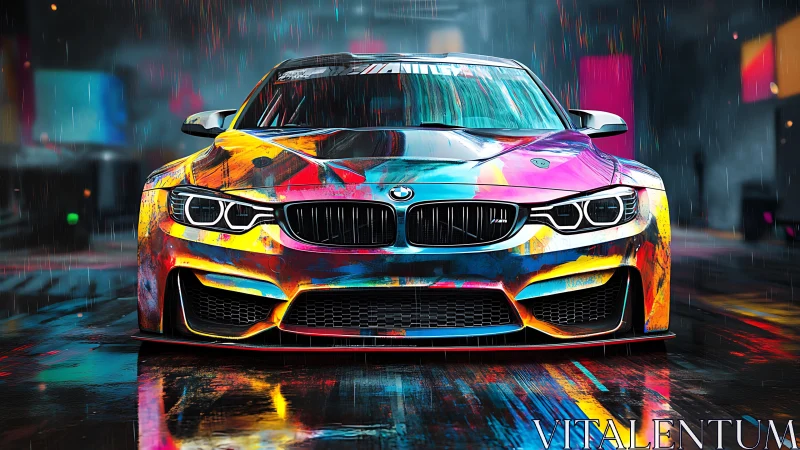 Widebody BMW sports sedan with neon splatter livery in rain-soaked alley