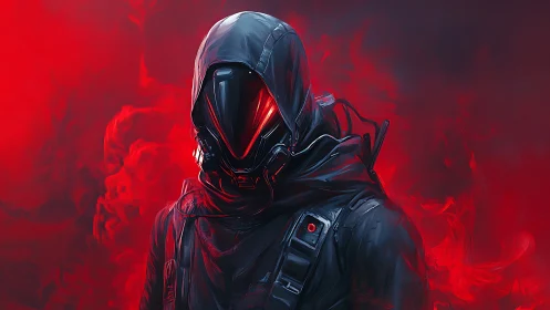 Hooded futuristic figure in black armor with red smoke field.
