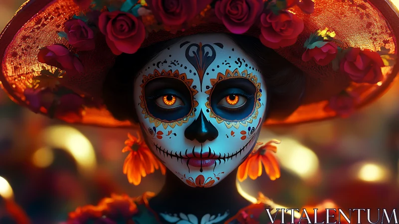 Female figure in sugar skull makeup with floral hat portrait.