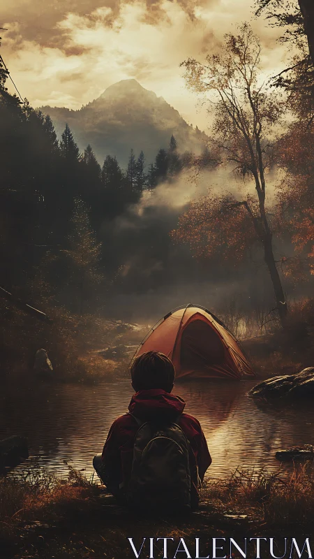 Twilight mist folds around a lone camper facing quiet peaks