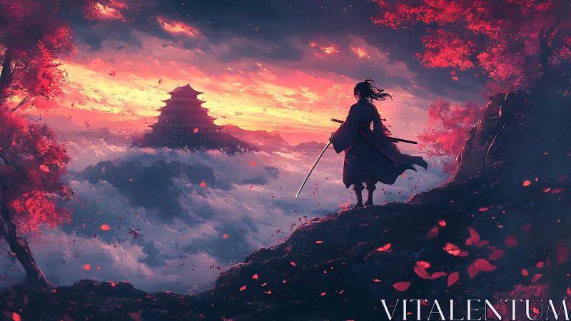 Lone samurai overlooks mountain temple at burning dusk.