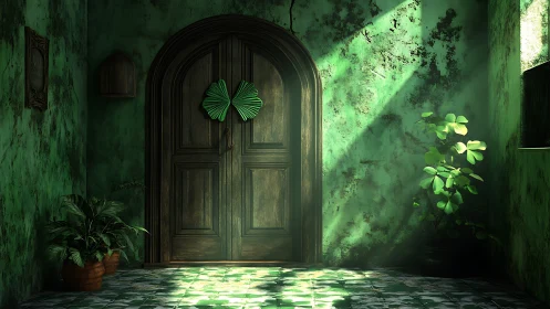 Aged arched wooden door in green atrium with volumetric sunlight